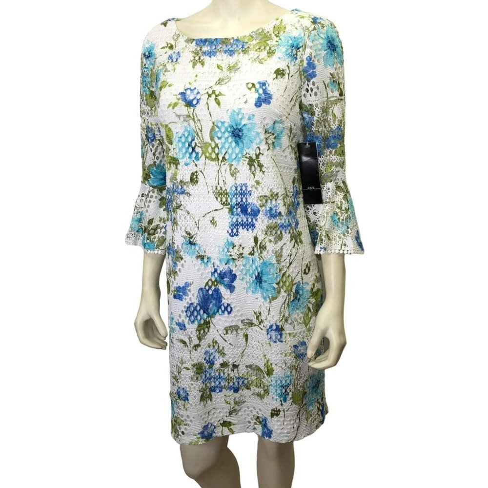 R & K SHEATH $74 LACE FLORAL3/4 BELL SLEEVE DRESS SIZE 10 NEW WITH TAG